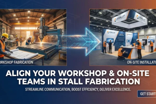 Digital synchronization between workshop fabrication and on-site stall installation using a custom stand production calculator to align teams and streamline communication. Custom Stand Production Calculator.