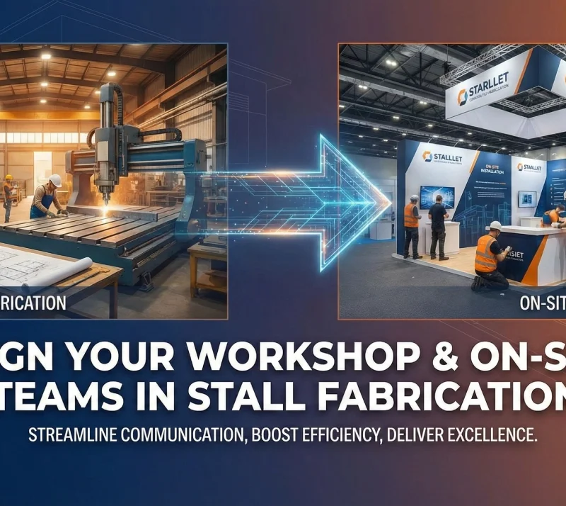 Digital synchronization between workshop fabrication and on-site stall installation using a custom stand production calculator to align teams and streamline communication. Custom Stand Production Calculator.