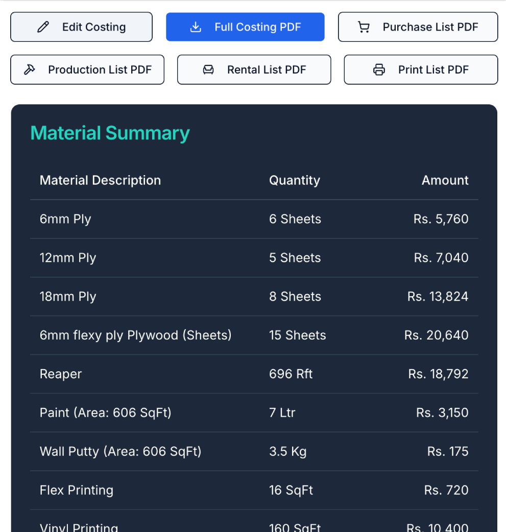 FabCal dashboard interface showing material summary, grand total calculation, and one-click PDF export buttons for exhibition stall costing.
