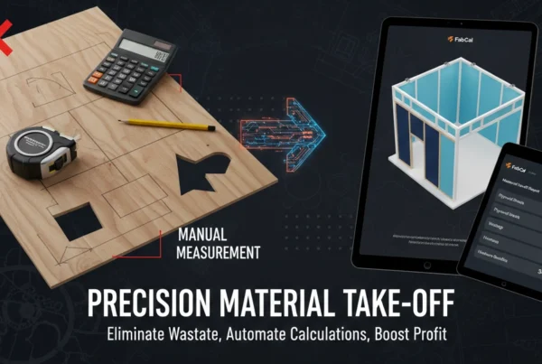 Advanced exhibition material take-off guide showing the transition from manual plywood wastage calculations to automated precision measurements using FabCal software to eliminate waste and boost profit.