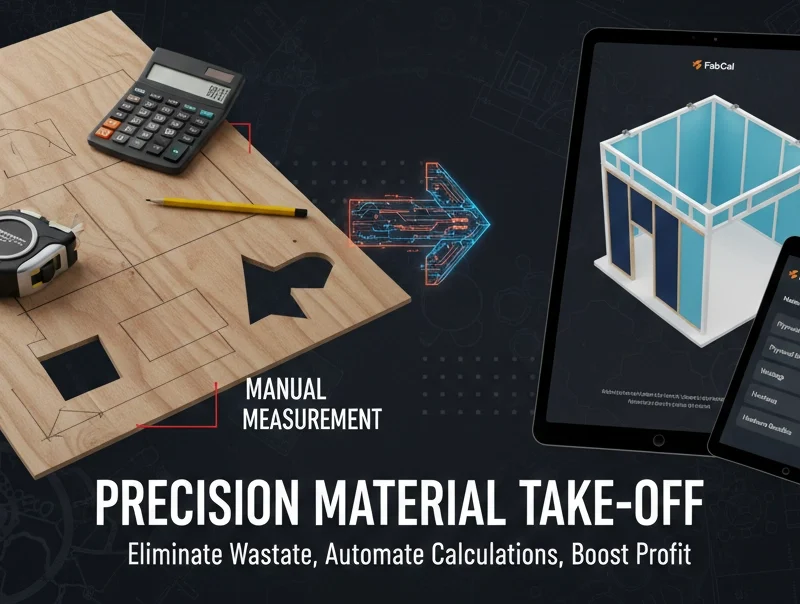 Advanced exhibition material take-off guide showing the transition from manual plywood wastage calculations to automated precision measurements using FabCal software to eliminate waste and boost profit.