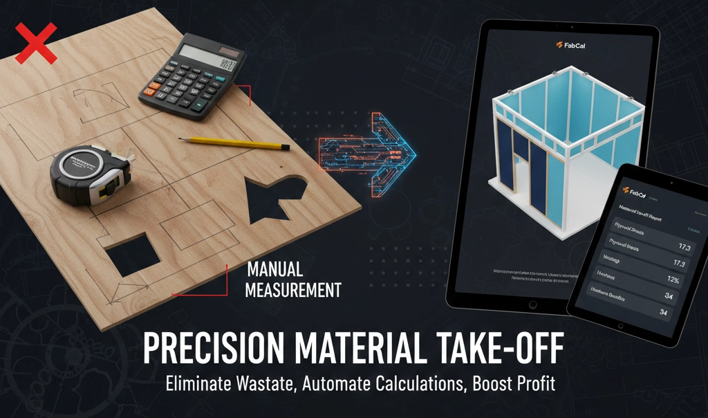 Advanced exhibition material take-off guide showing the transition from manual plywood wastage calculations to automated precision measurements using FabCal software to eliminate waste and boost profit.