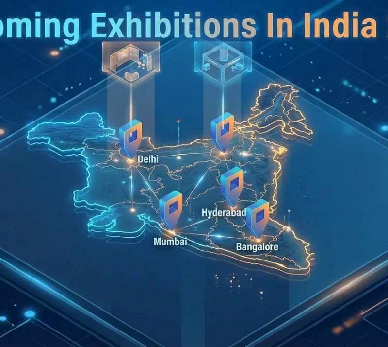 Map of India highlighting major exhibition hubs for upcoming exhibitions in India 2026