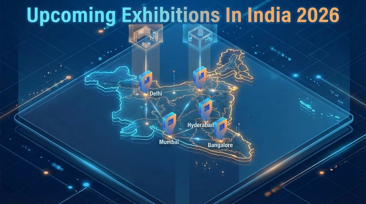 Map of India highlighting major exhibition hubs for upcoming exhibitions in India 2026