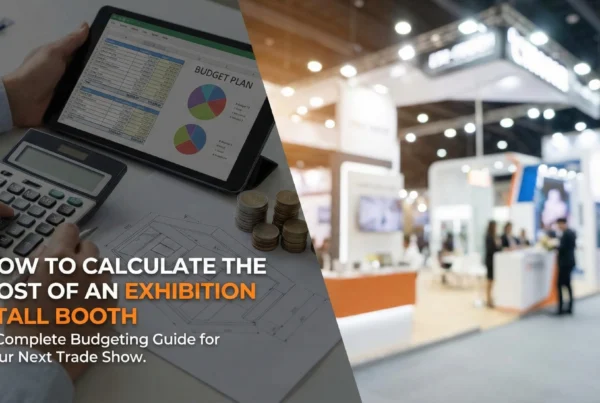 Banner showing a budget planner and trade show floor for the guide on how to calculate the cost of an exhibition stall booth