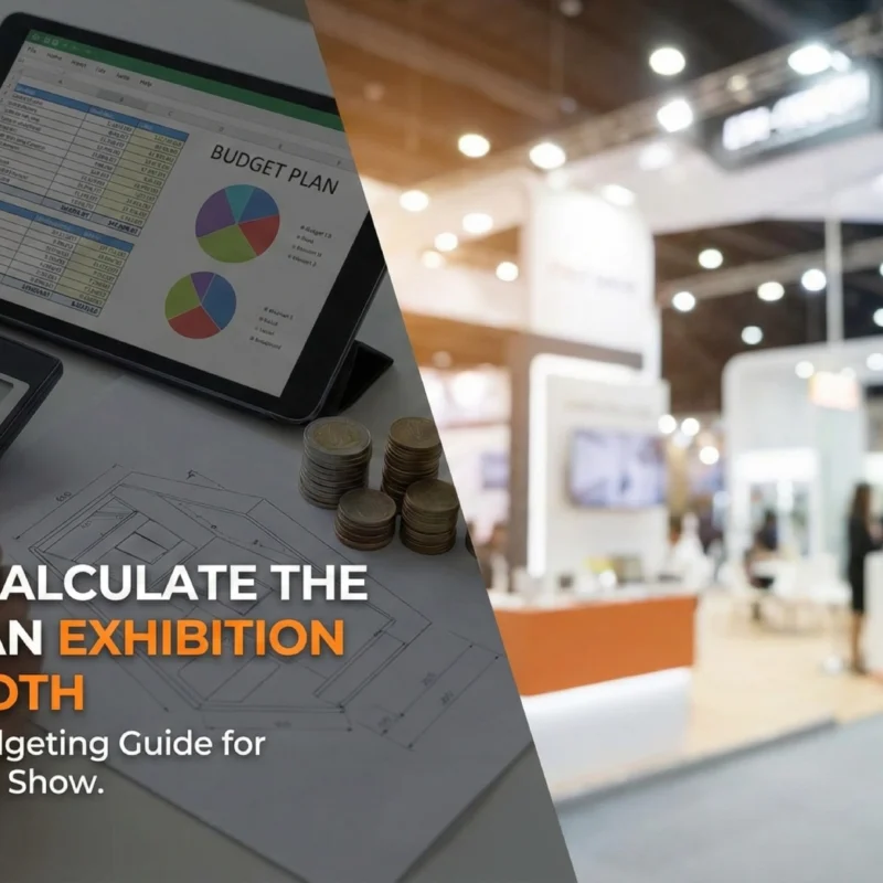 Banner showing a budget planner and trade show floor for the guide on how to calculate the cost of an exhibition stall booth