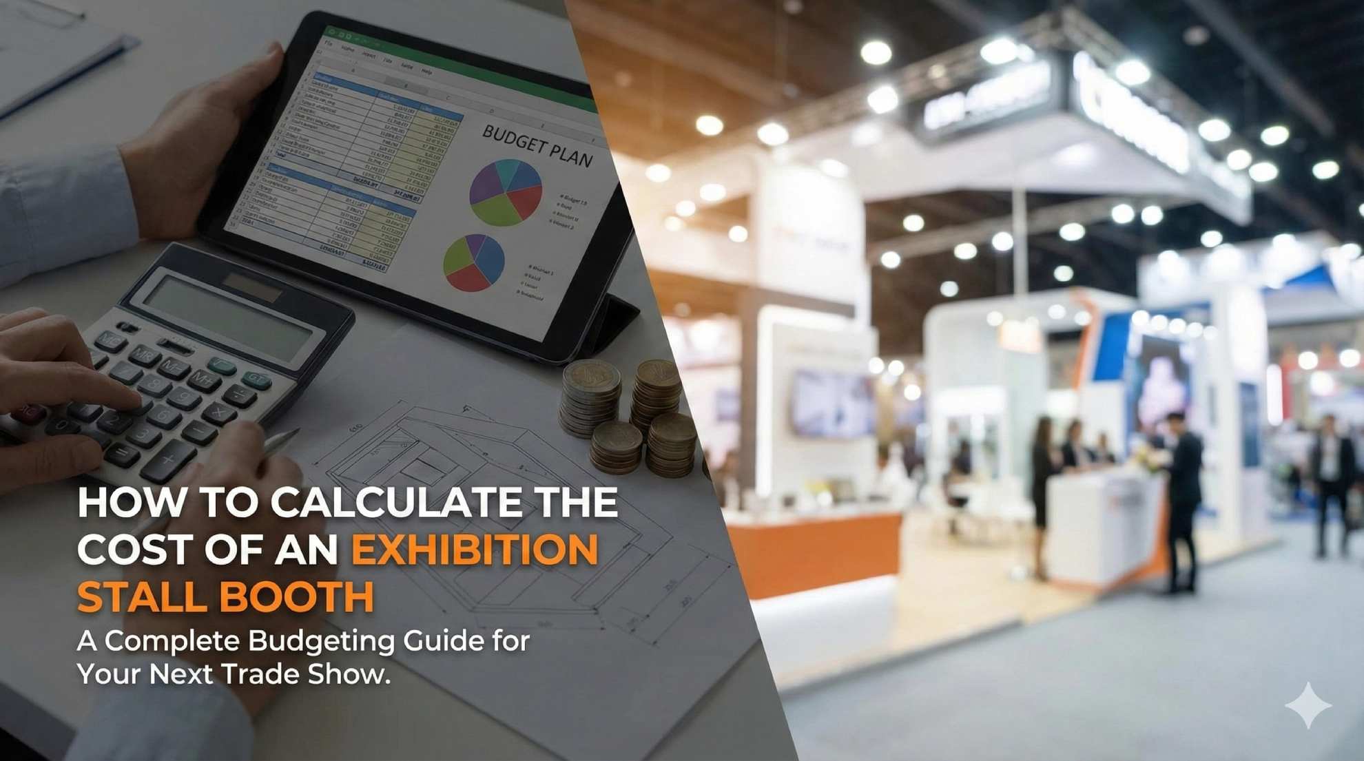 Banner showing a budget planner and trade show floor for the guide on how to calculate the cost of an exhibition stall booth
