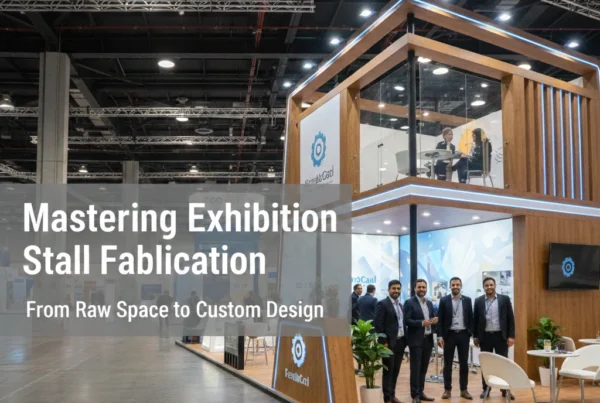 Professional exhibition stall fabrication showcasing a two-story custom wooden booth designed from raw space at a trade show.