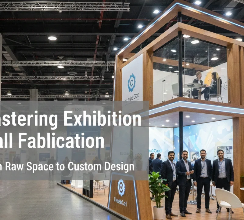 Professional exhibition stall fabrication showcasing a two-story custom wooden booth designed from raw space at a trade show.