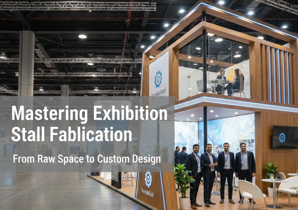 Professional exhibition stall fabrication showcasing a two-story custom wooden booth designed from raw space at a trade show.