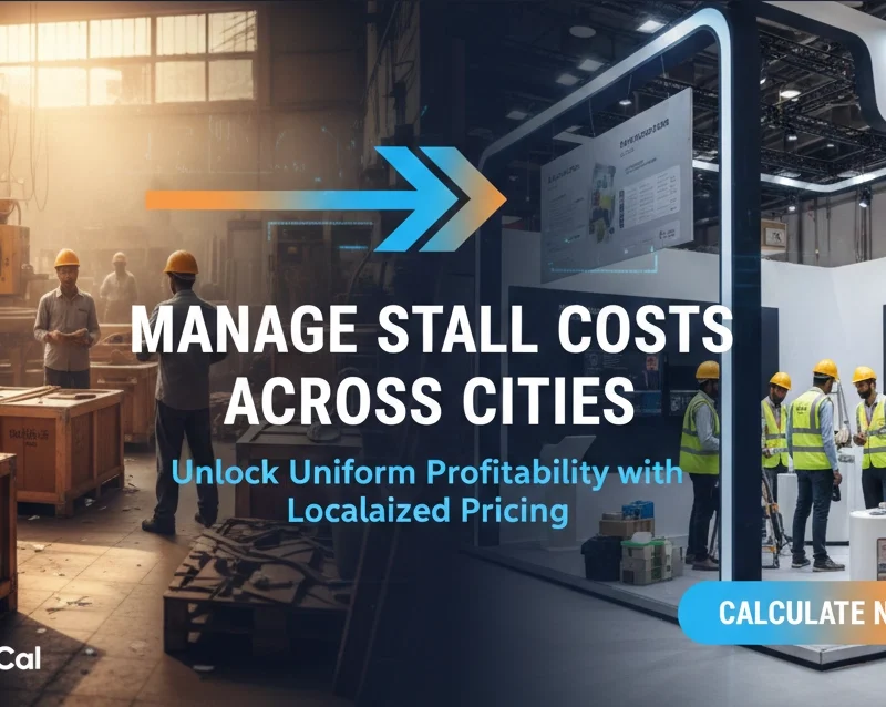 Banner for stall fabrication costing software showing a comparison between workshop production and a high-end exhibition booth with the text 'Manage Stall Costs Across Cities' and 'Unlock Uniform Profitability with Localized Pricing'. Stall Fabrication Costing Software