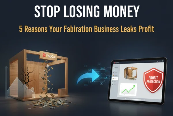 Digital banner showing an exhibition stall with a crack leaking money, transitioning into a FabCal tablet interface with a profit protection shield to prevent fabrication business losses. Exhibition Stand Estimation Tool.