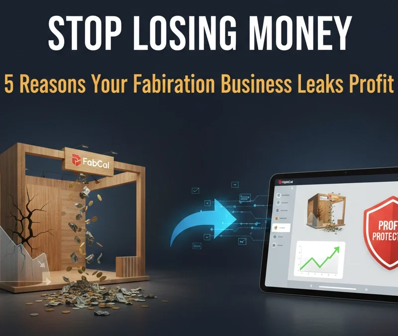 Digital banner showing an exhibition stall with a crack leaking money, transitioning into a FabCal tablet interface with a profit protection shield to prevent fabrication business losses. Exhibition Stand Estimation Tool.
