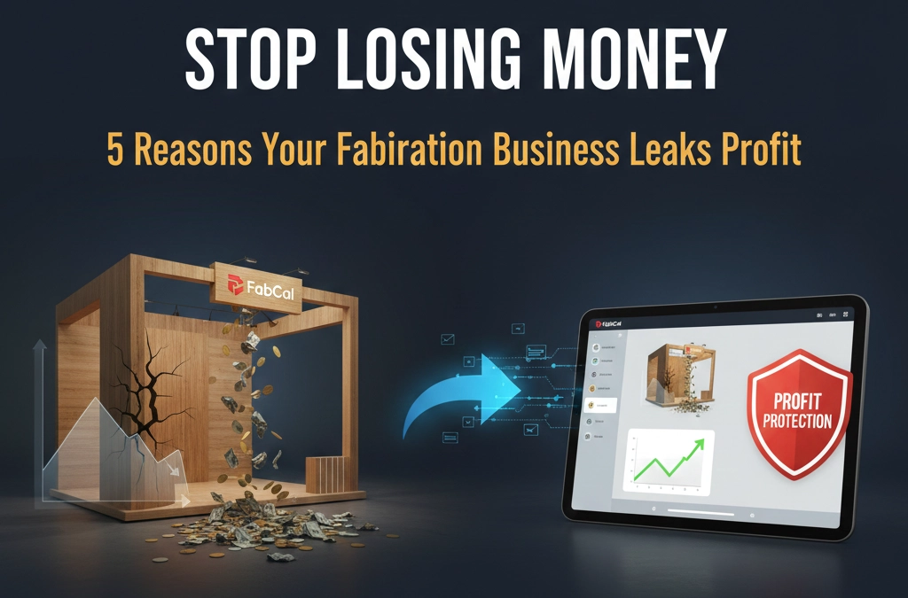 Digital banner showing an exhibition stall with a crack leaking money, transitioning into a FabCal tablet interface with a profit protection shield to prevent fabrication business losses. Exhibition Stand Estimation Tool.