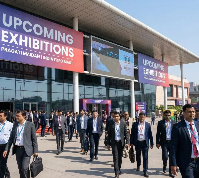Professionals arriving at Pragati Maidan with banners displaying Upcoming Exhibitions in Delhi and Noida 2026 schedule