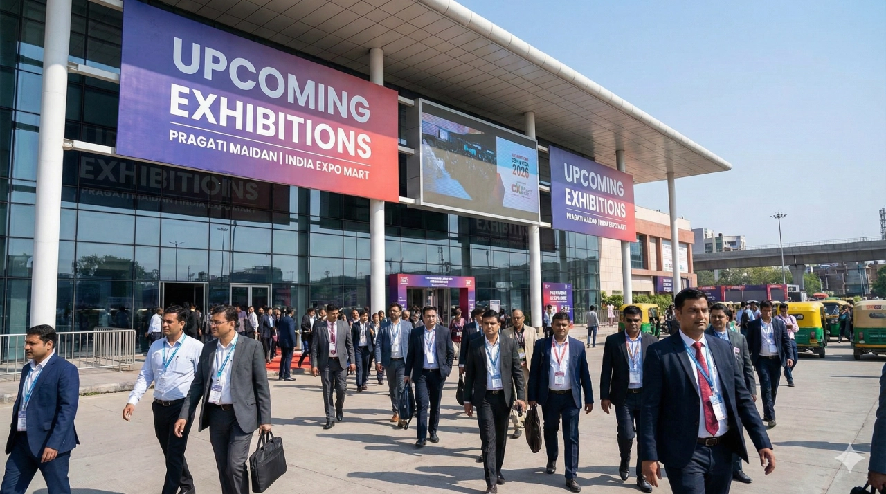 Professionals arriving at Pragati Maidan with banners displaying Upcoming Exhibitions in Delhi and Noida 2026 schedule