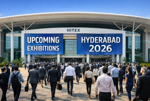 Visitors arriving at HITEX Exhibition Centre for upcoming exhibitions in Hyderabad 2026
