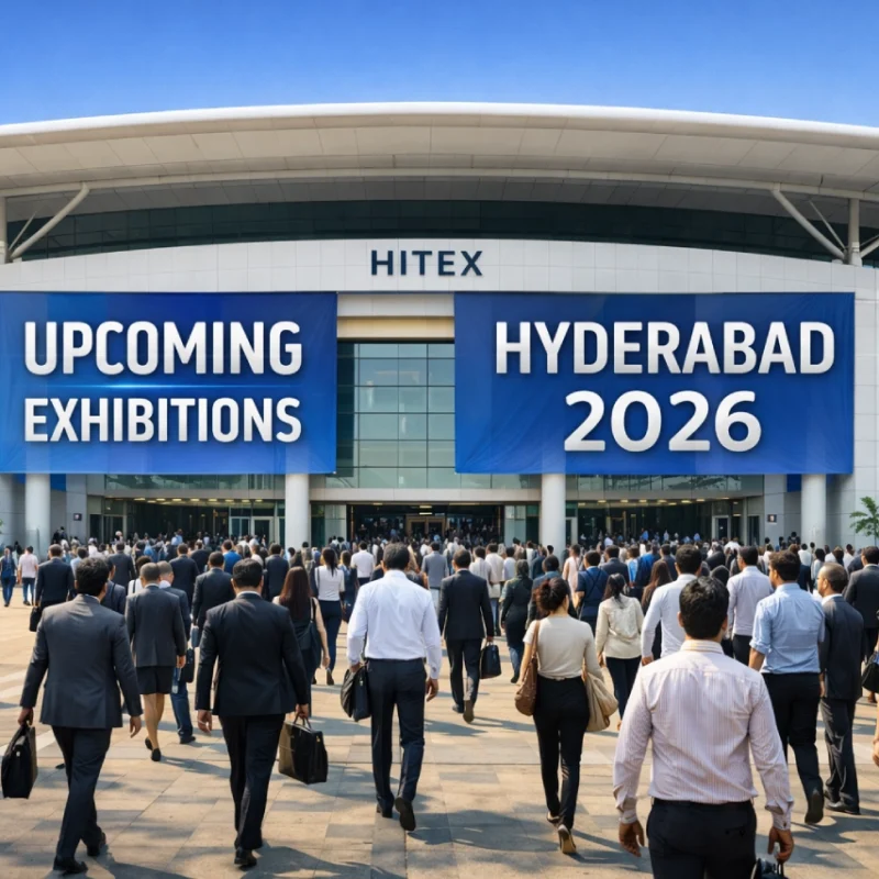 Visitors arriving at HITEX Exhibition Centre for upcoming exhibitions in Hyderabad 2026