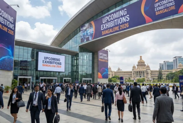 Busy entrance of the Bangalore International Exhibition Centre (BIEC) with banners displaying Upcoming Exhibitions Bangalore 2026 schedule