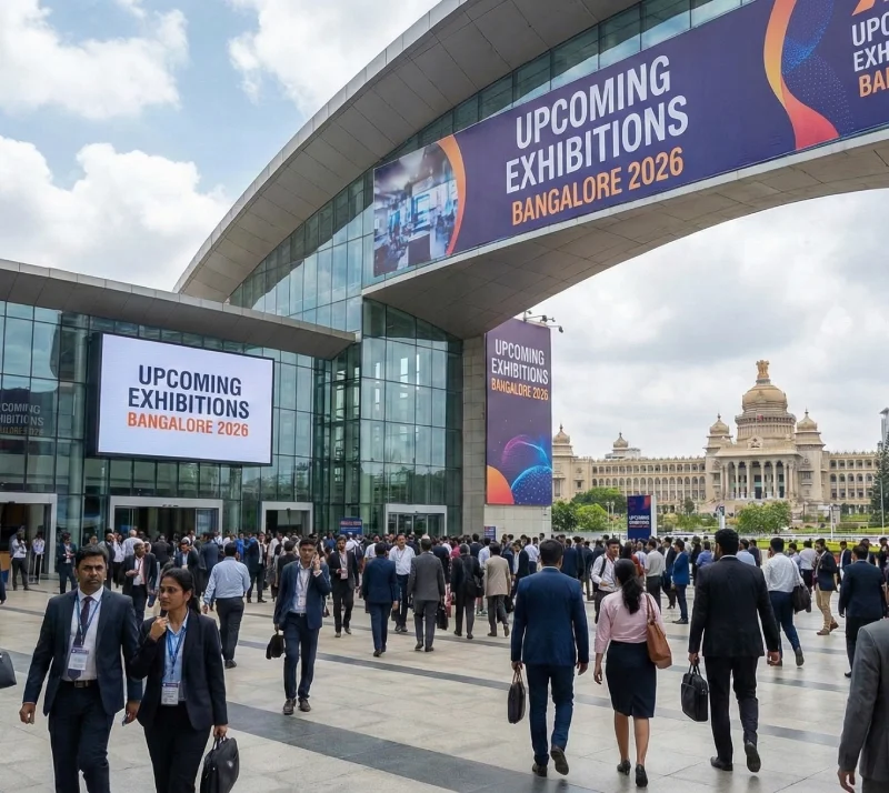 Busy entrance of the Bangalore International Exhibition Centre (BIEC) with banners displaying Upcoming Exhibitions Bangalore 2026 schedule