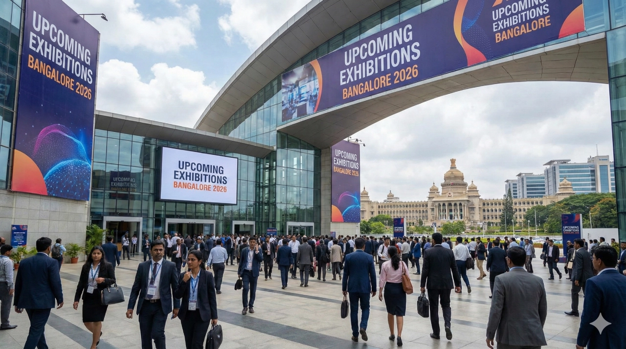 Busy entrance of the Bangalore International Exhibition Centre (BIEC) with banners displaying Upcoming Exhibitions Bangalore 2026 schedule