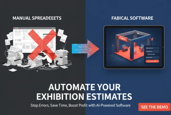 Comparison graphic showing the transition from messy manual spreadsheets with errors to FabCal's automated exhibition estimation software on a digital tablet to boost fabrication profit margins.