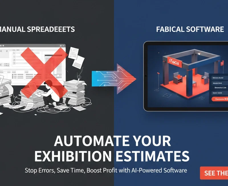 Comparison graphic showing the transition from messy manual spreadsheets with errors to FabCal's automated exhibition estimation software on a digital tablet to boost fabrication profit margins.