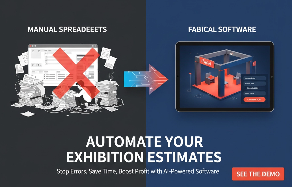 Comparison graphic showing the transition from messy manual spreadsheets with errors to FabCal's automated exhibition estimation software on a digital tablet to boost fabrication profit margins.