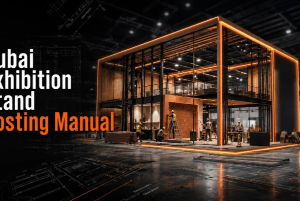 Modern custom exhibition stand construction at Dubai World Trade Centre featuring architectural blue and orange technical engineering design accents.
