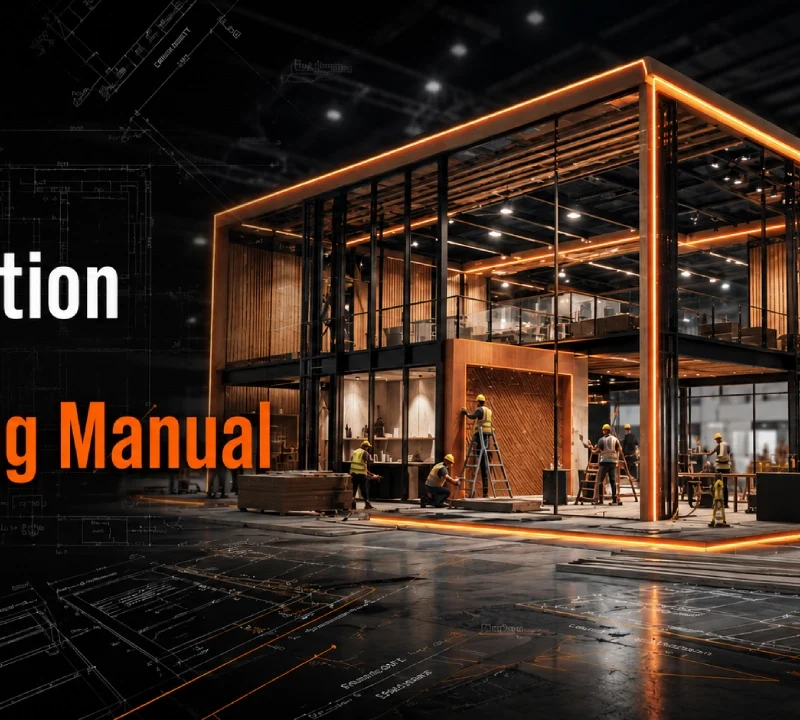 Modern custom exhibition stand construction at Dubai World Trade Centre featuring architectural blue and orange technical engineering design accents.