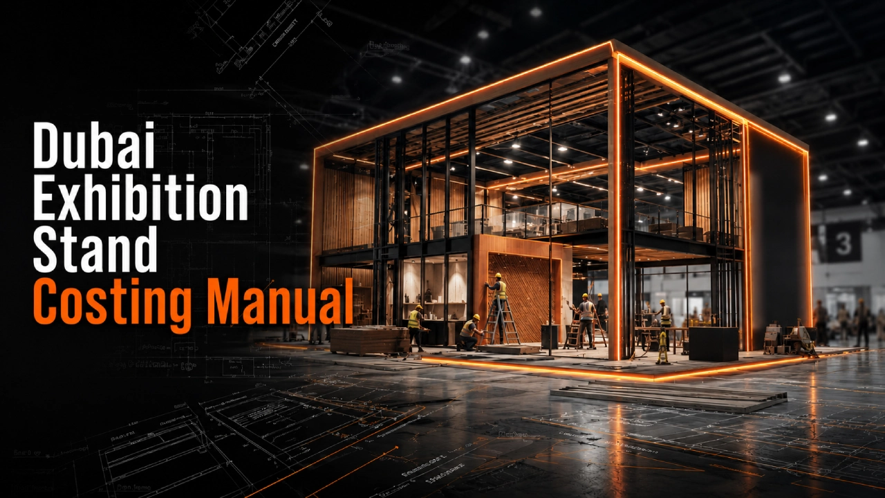Modern custom exhibition stand construction at Dubai World Trade Centre featuring architectural blue and orange technical engineering design accents.