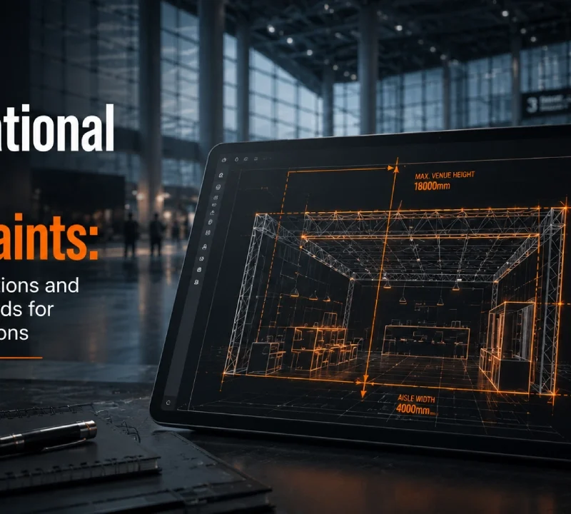 A side-view structural blueprint schematic showing maximum custom booth height limits and overhead rigging clearance points for an international exhibition hall floor layout.